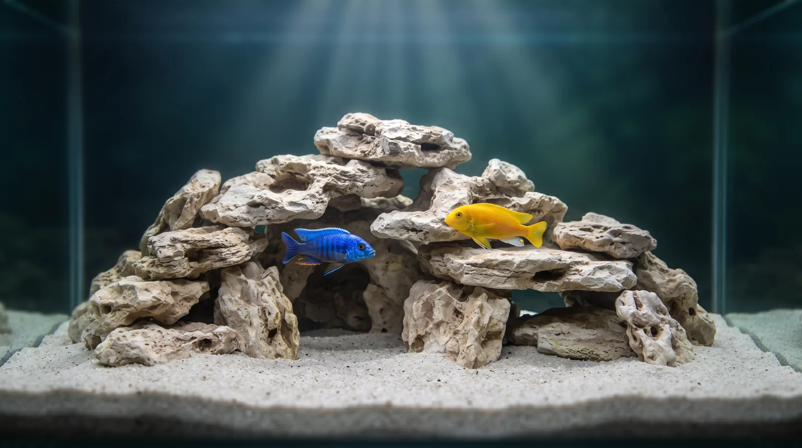 Aquario de agua dura com pilha de rochas claras formando tocas sobre areia, dois ciclideos africanos azul e amarelo nadando entre elas, sem plantas, agua muito limpa e luz clara