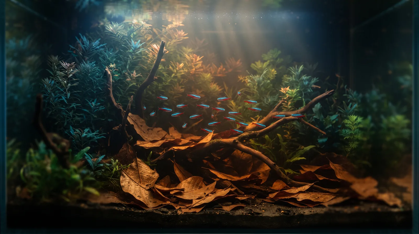 Aquario plantado denso de agua levemente ambar, com tronco e folhas secas no fundo, plantas verdes de folha fina e um pequeno cardume de tetras vermelhos e azuis no meio da coluna