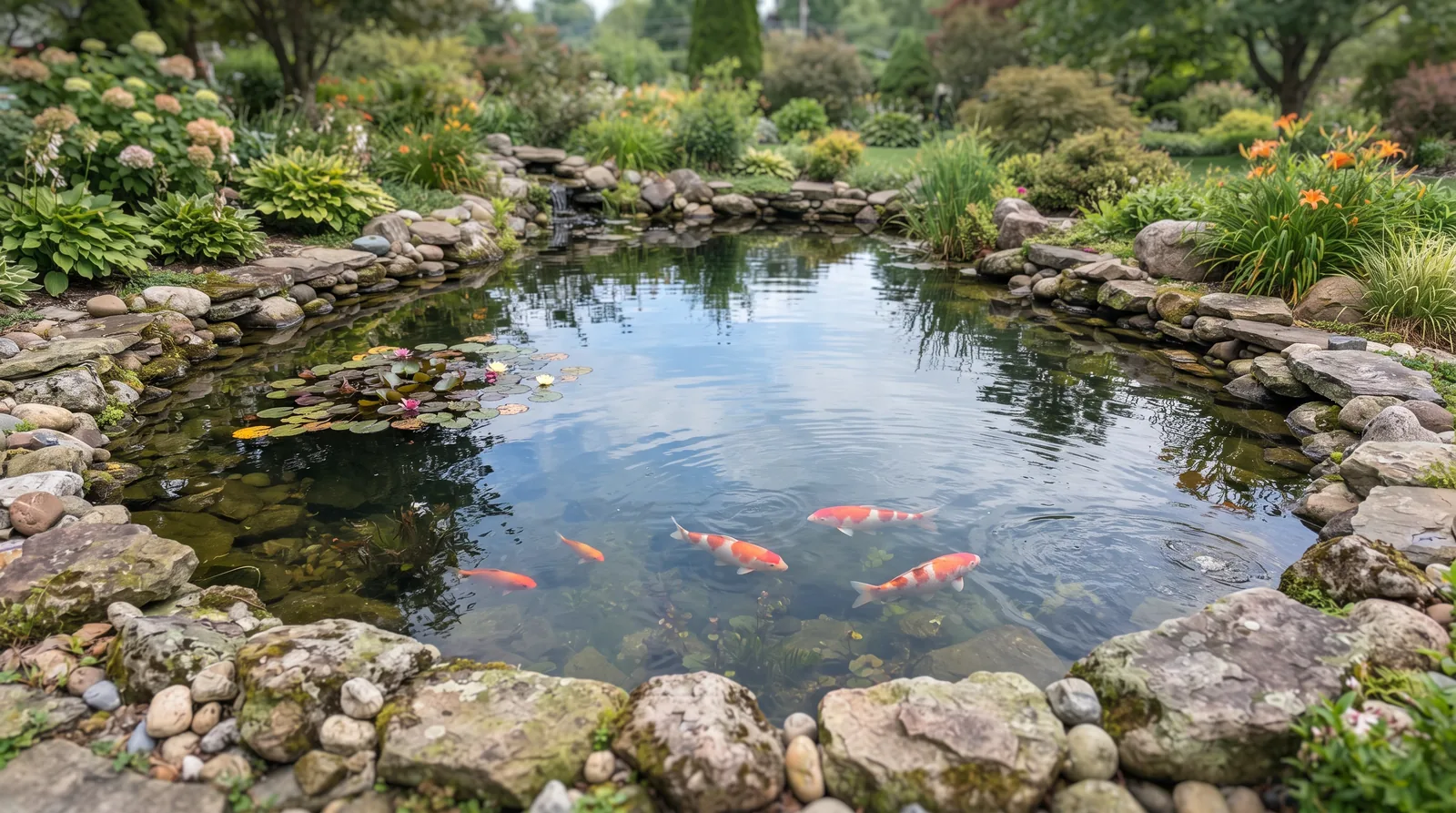Lago ornamental de quintal visto de cima em angulo, com algumas carpas alaranjadas nadando em agua clara, borda de pedra irregular e vitorias-regias pequenas cobrindo parte da superficie, ceu refletido na agua